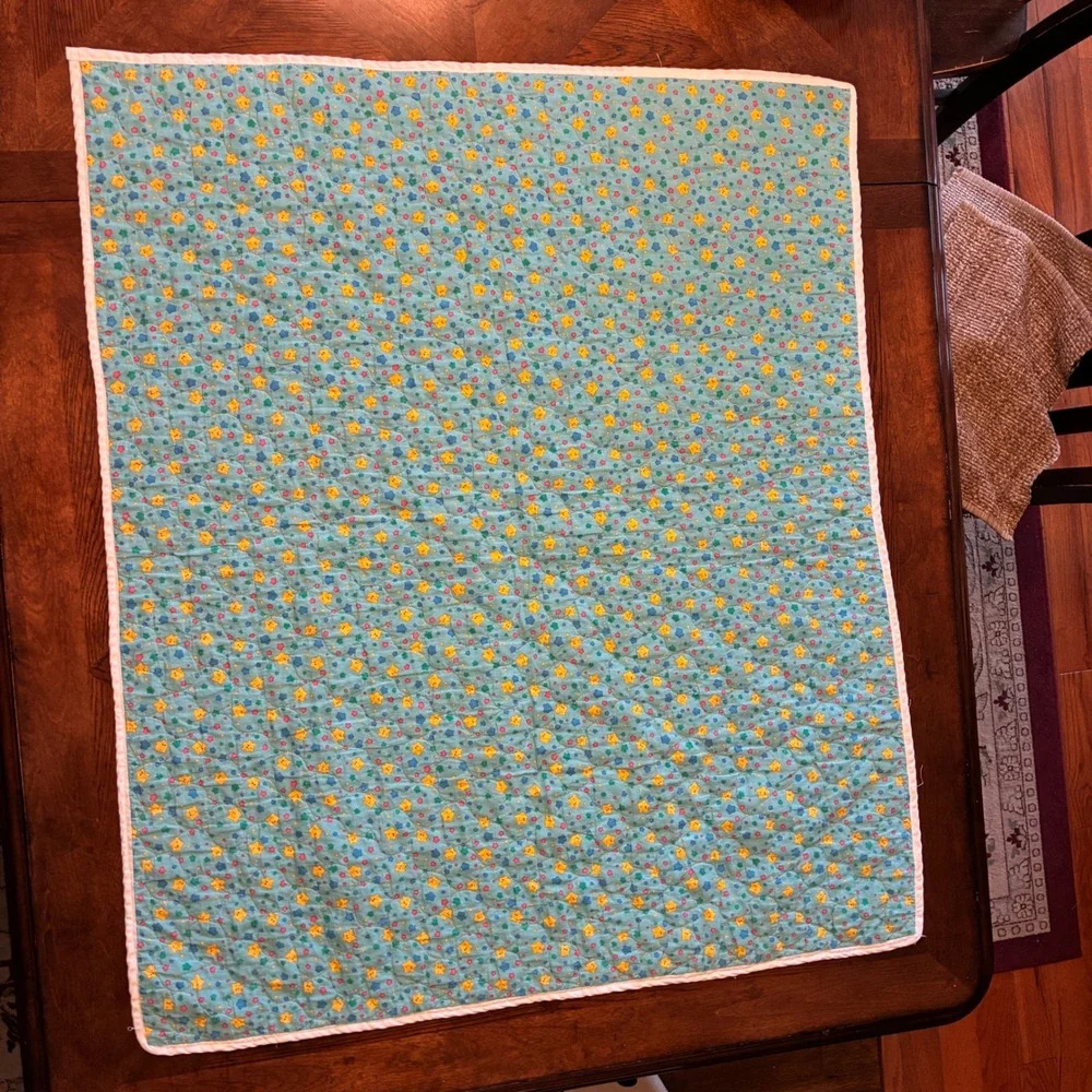 Vintage Care Bears Baby Quilt Handmade Blue Rainbow Trail Star Blanket